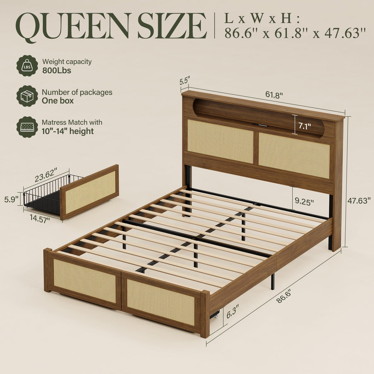 Queen Size Rattan Bed Frame with 2 Storage Drawers I7152