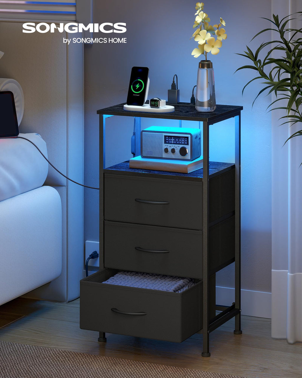 Nightstand with Charging Station, 3 Fabric Drawers Y571403