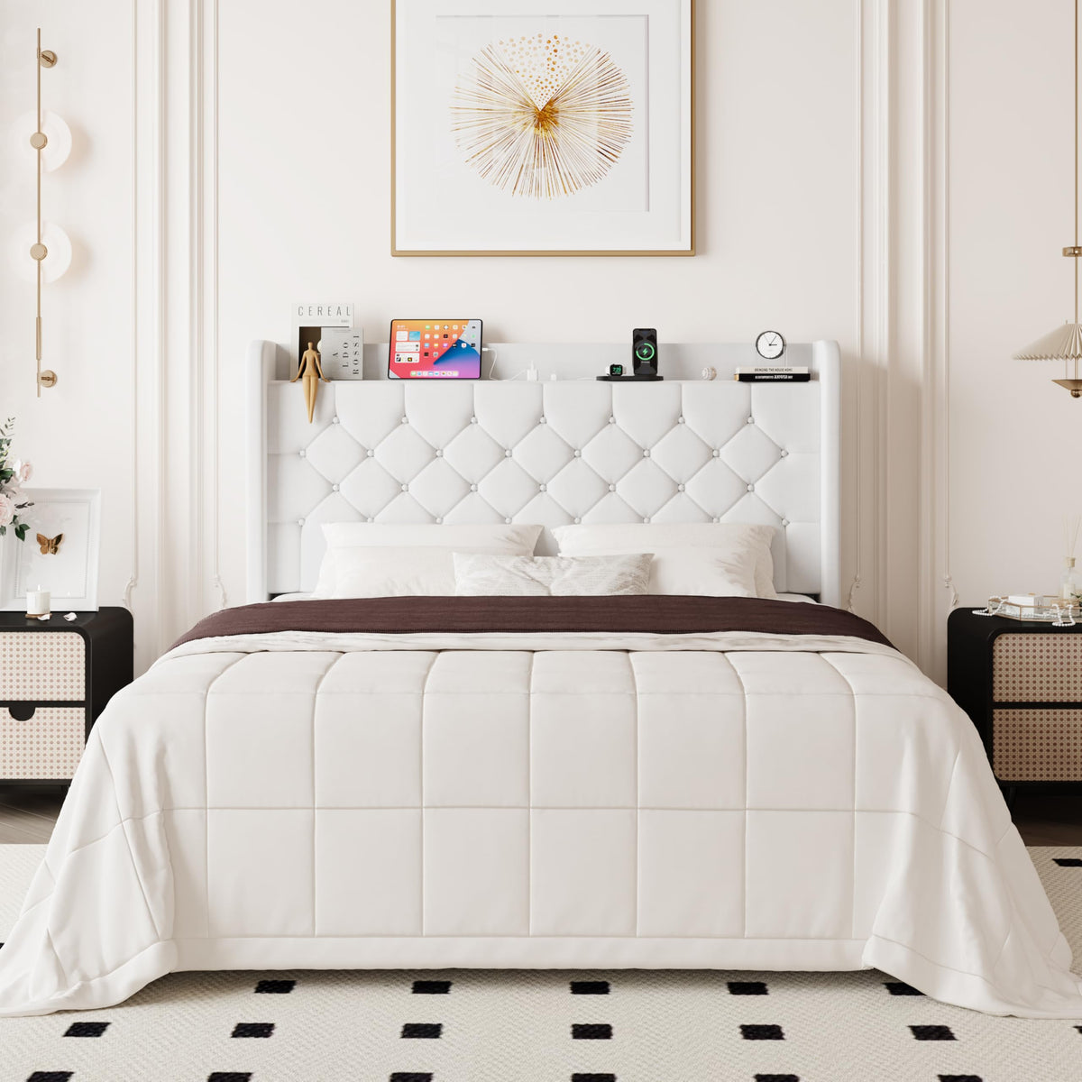 Queen Bed Frame with Storage Headboard and Charging Station A97701