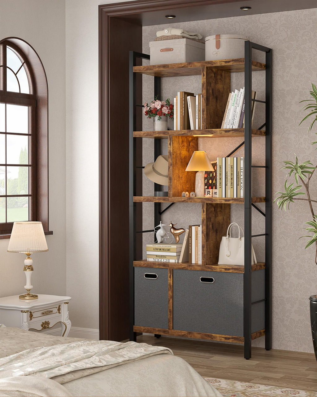 5 Tier Rustic Brown Bookshelf with Drawers Z90611