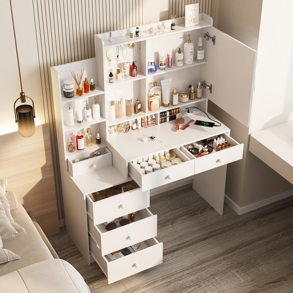 White Vanity Desk with Lighted Mirror and 6 Drawers J649119