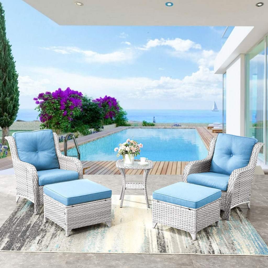 Wicker Outdoor Ottomans Set of 2 Handwoven Rattan Footstools with Removable Cushions C414963