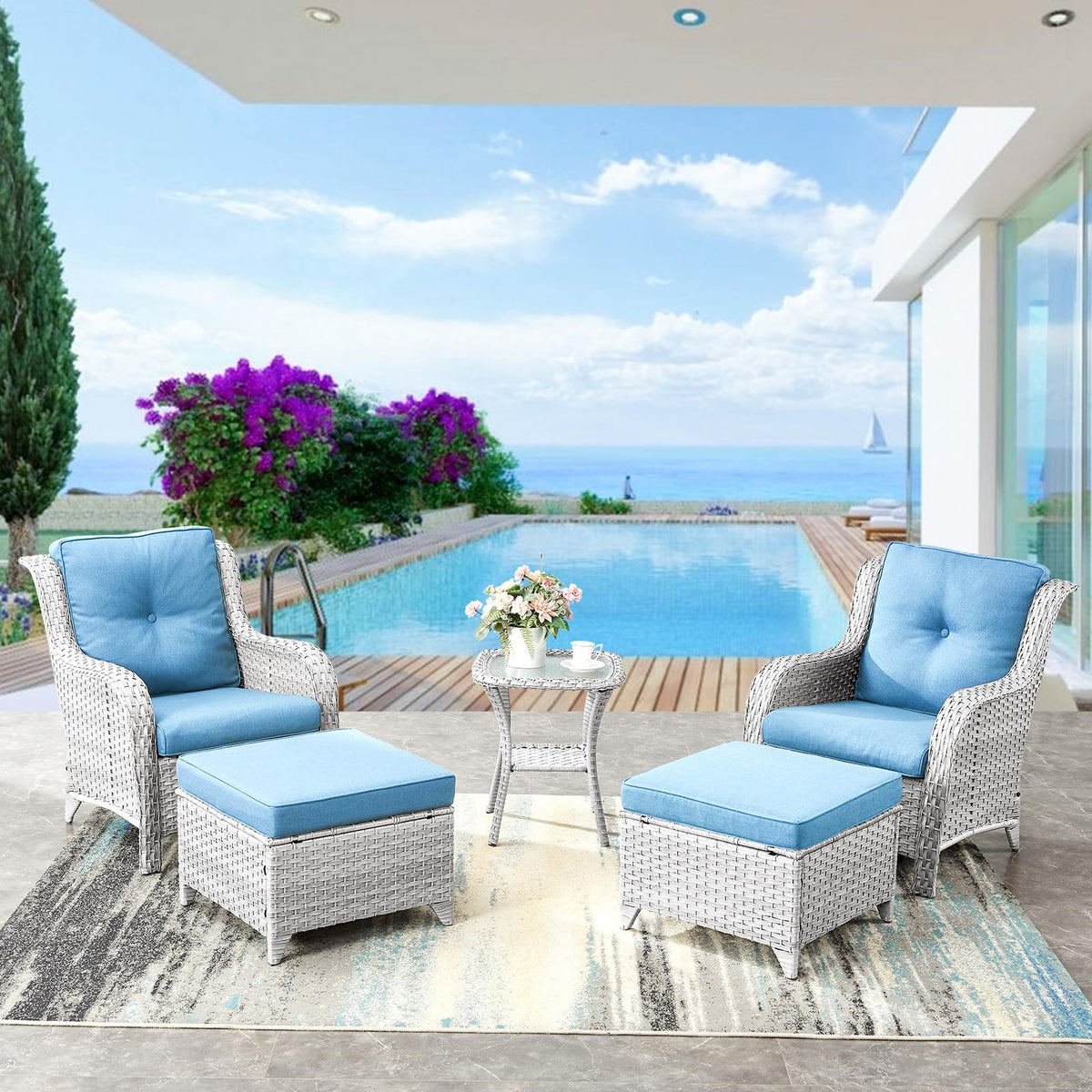 Wicker Outdoor Ottomans Set of 2 Handwoven Rattan Footstools with Removable Cushions C414963