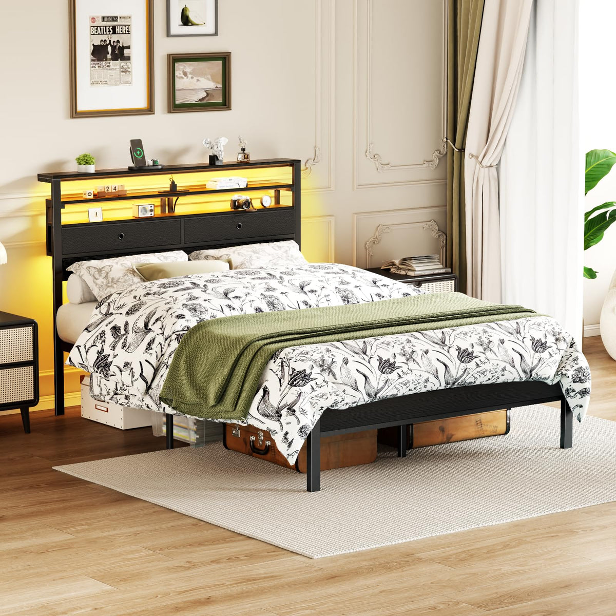 Full Size Bed Frame with Headboard & 2 Fabric Drawers B968