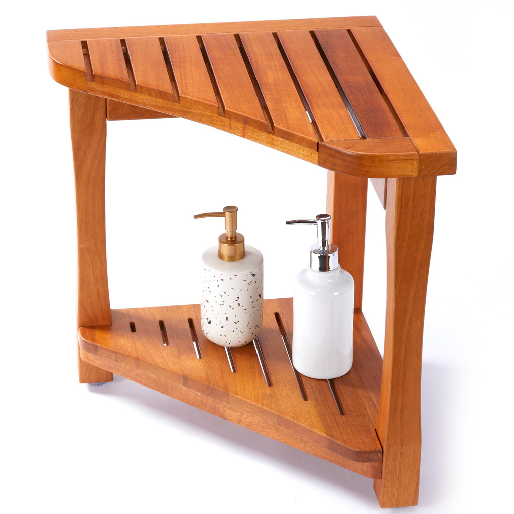 Teak Corner Shower Bench with Storage Shelf Q87459