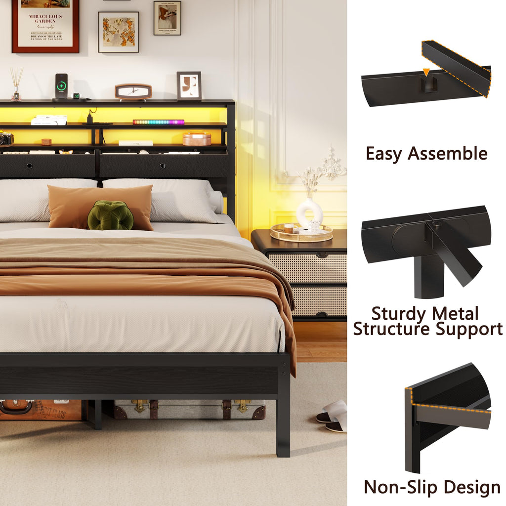 Full Size Bed Frame with Headboard & 2 Fabric Drawers B968