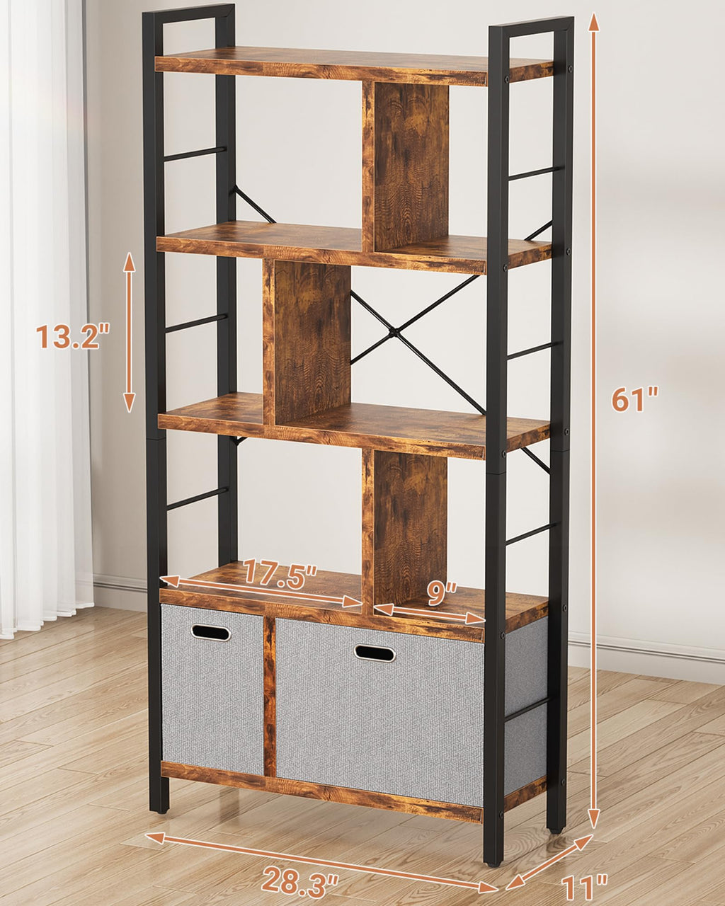 5 Tier Rustic Brown Bookshelf with Drawers Z90611