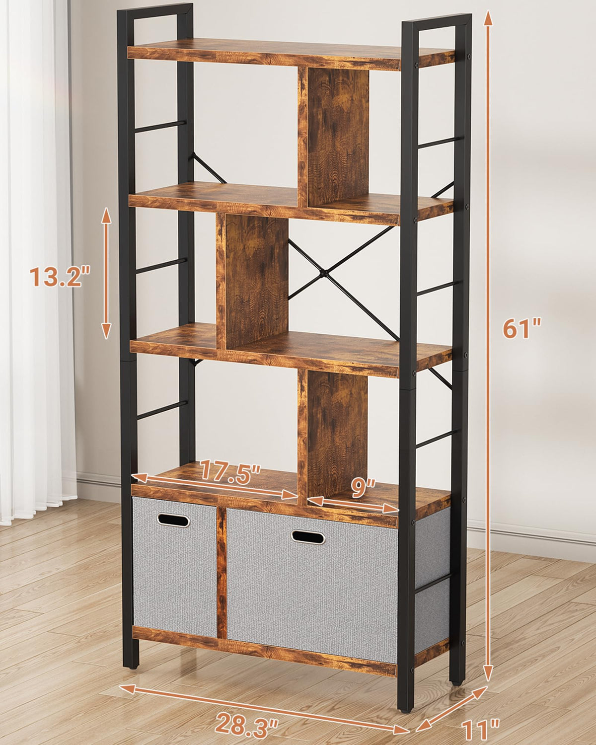 5 Tier Rustic Brown Bookshelf with Drawers Z90611