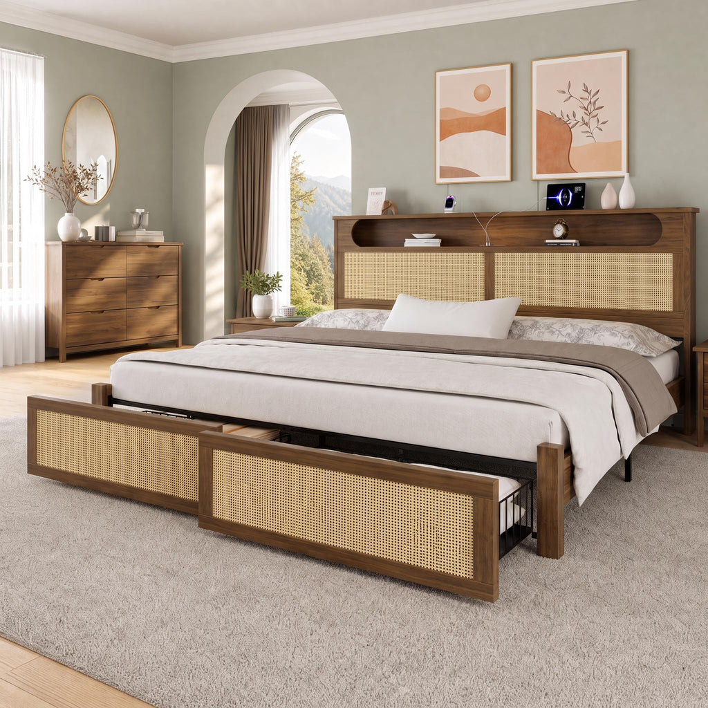 Queen Size Rattan Bed Frame with 2 Storage Drawers I7152