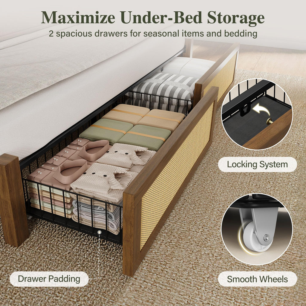 Queen Size Rattan Bed Frame with 2 Storage Drawers I7152