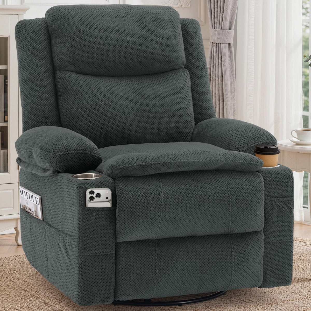 Gray Swivel Rocker Recliner with Massage & Heat B2995