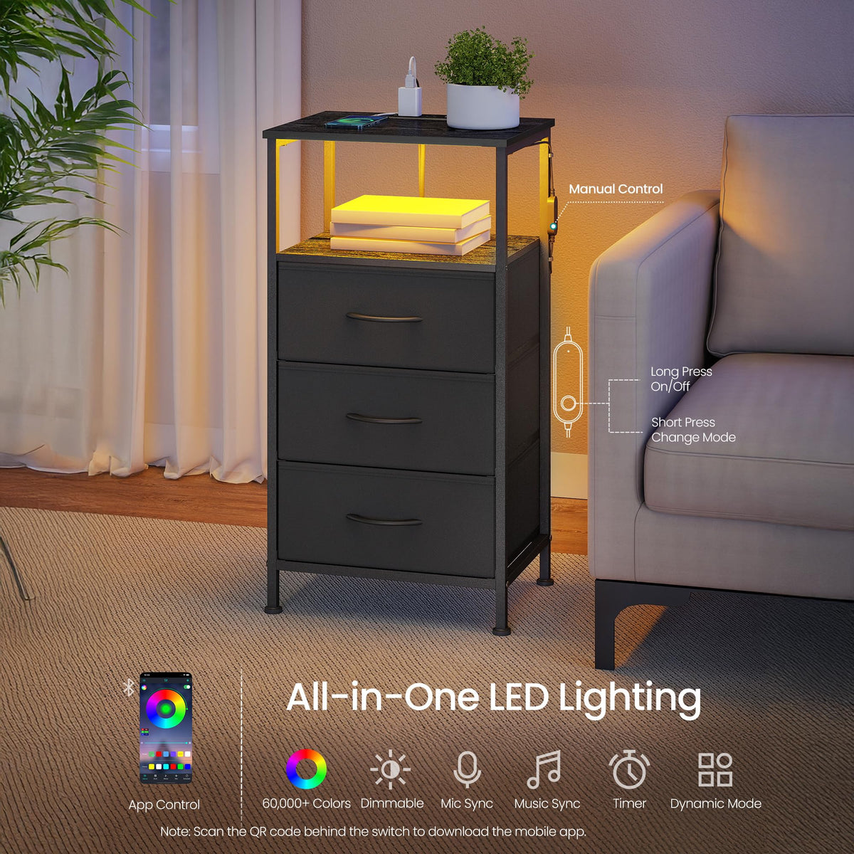 Nightstand with Charging Station, 3 Fabric Drawers Y571403