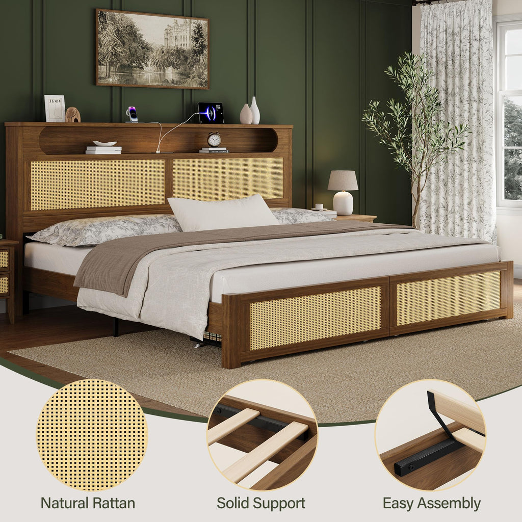 Queen Size Rattan Bed Frame with 2 Storage Drawers I7152