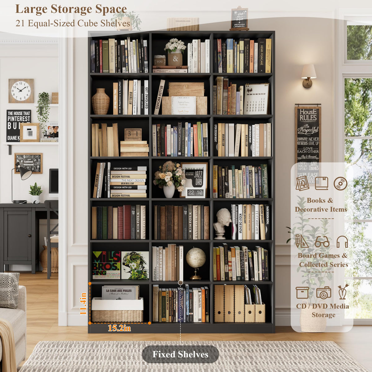 86" Triple Wide Black Bookshelf and Bookcase R925034
